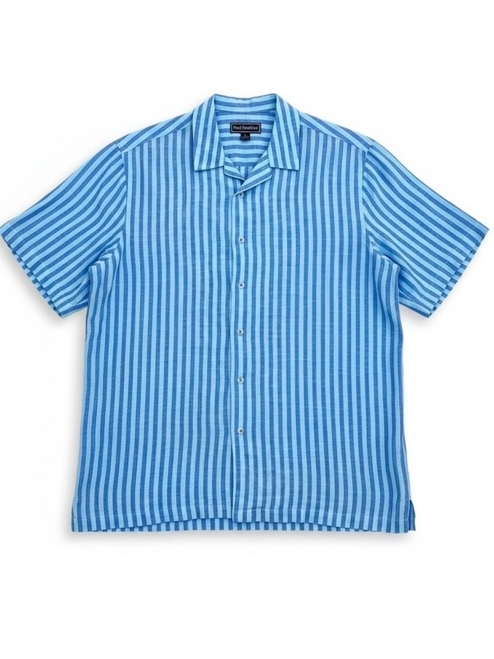 Paul Fredrick XL Men's Short Sleeve 100% Linen Striped Blue Camp Shirt